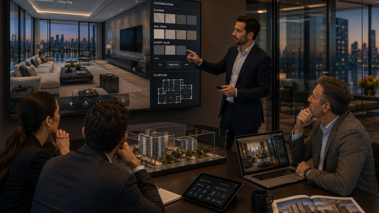 Sales team presenting VR real estate customization options